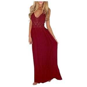 LILBETTER XS Red Wine Burgundy Crochet Lace Maxi Halter Neck Backless Dress NWT